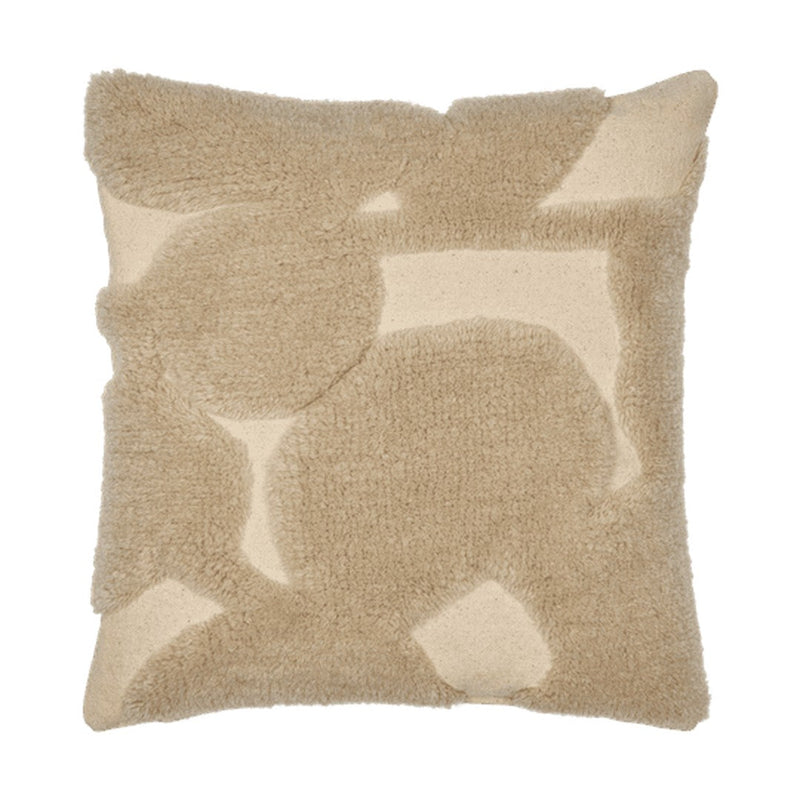 Textured beige pillow with abstract tan and cream shapes, adding warmth and style to any décor.