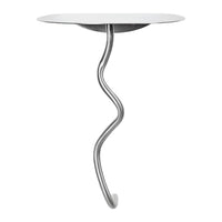 Sleek white tabletop with a unique, twisting silver metal base for an modern accent table.