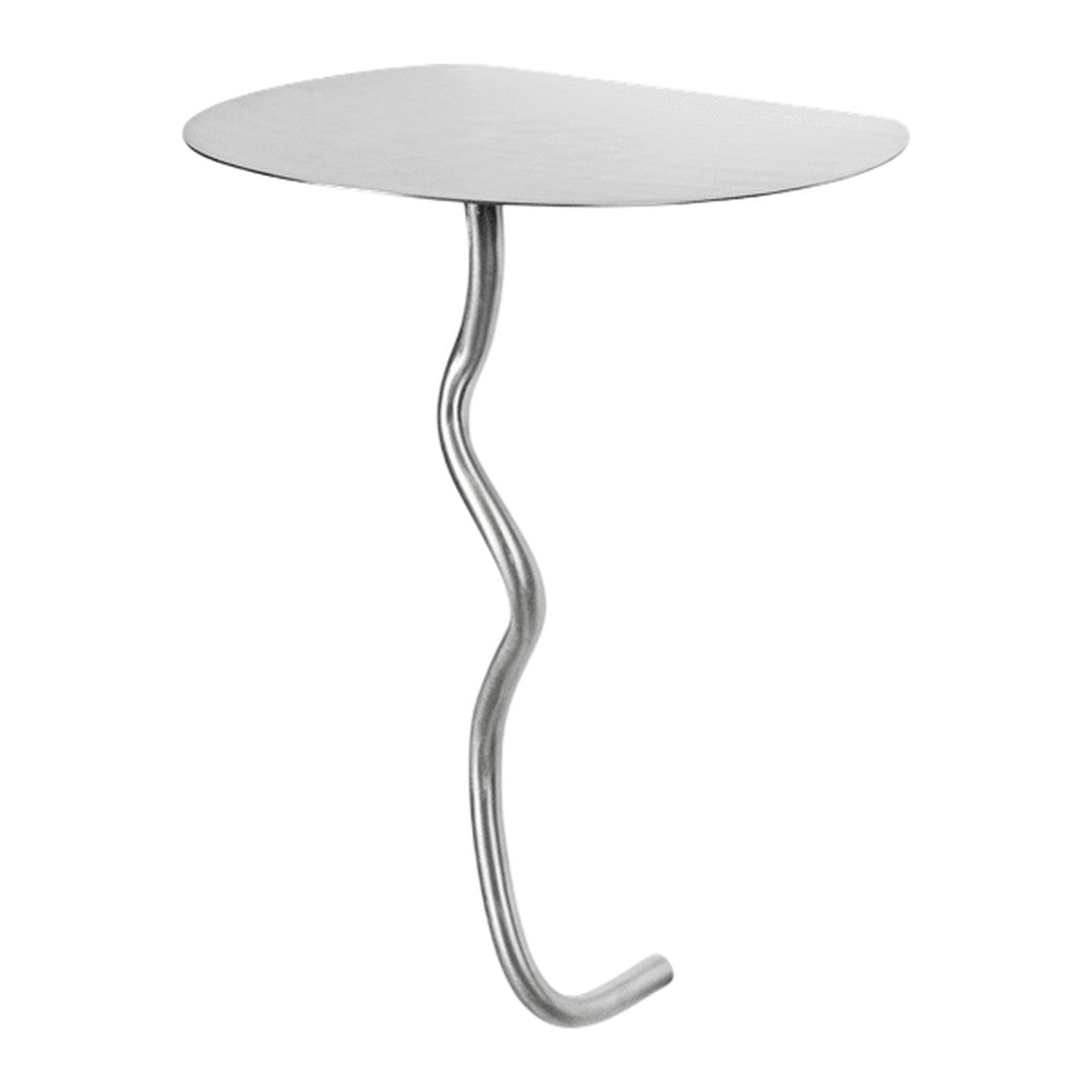 Sleek silver table with a unique, wavy base and a minimalist round top for modern decor. Perfect for stylish spaces.