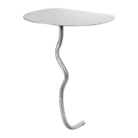 Sleek silver table with a unique, wavy base and a minimalist round top for modern decor. Perfect for stylish spaces.