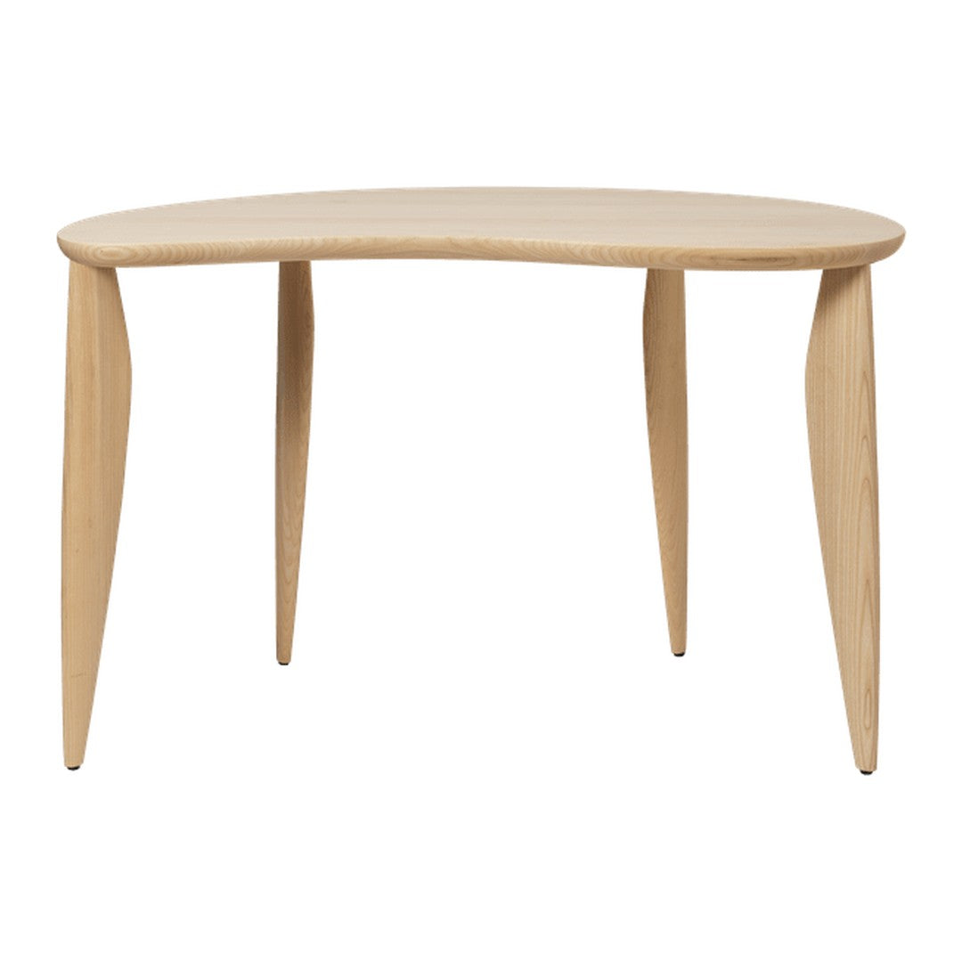 Natural wood finish table with a smooth, curved shape and slender, tapered legs, highlighting minimalist design.