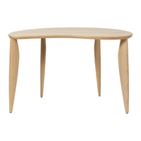 Natural wood finish table with a smooth, curved shape and slender, tapered legs, highlighting minimalist design.