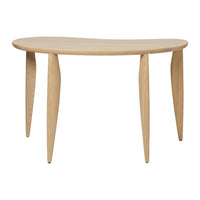 Light wood console table with a smooth, curved top and tapered legs, featuring a minimalist design and natural finish.