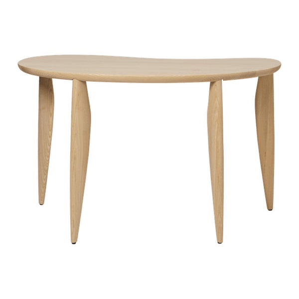 Light wood console table with a smooth, curved top and tapered legs, featuring a minimalist design and natural finish.