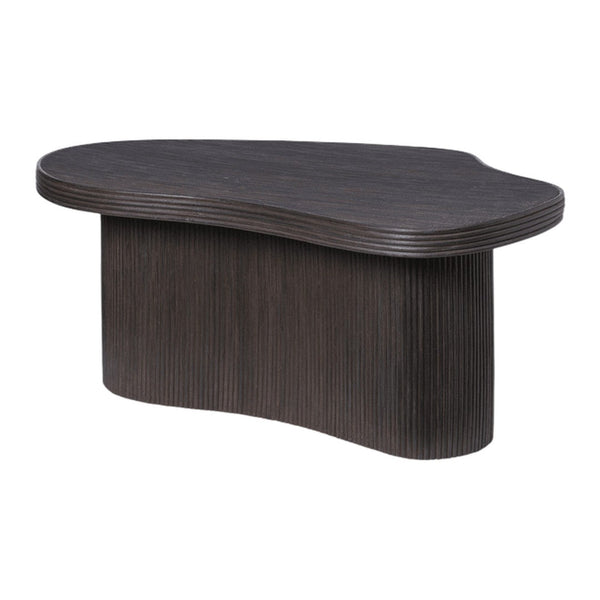 Dark wood coffee table with a unique wave shape and textured vertical stripes, adding modern elegance to any space.