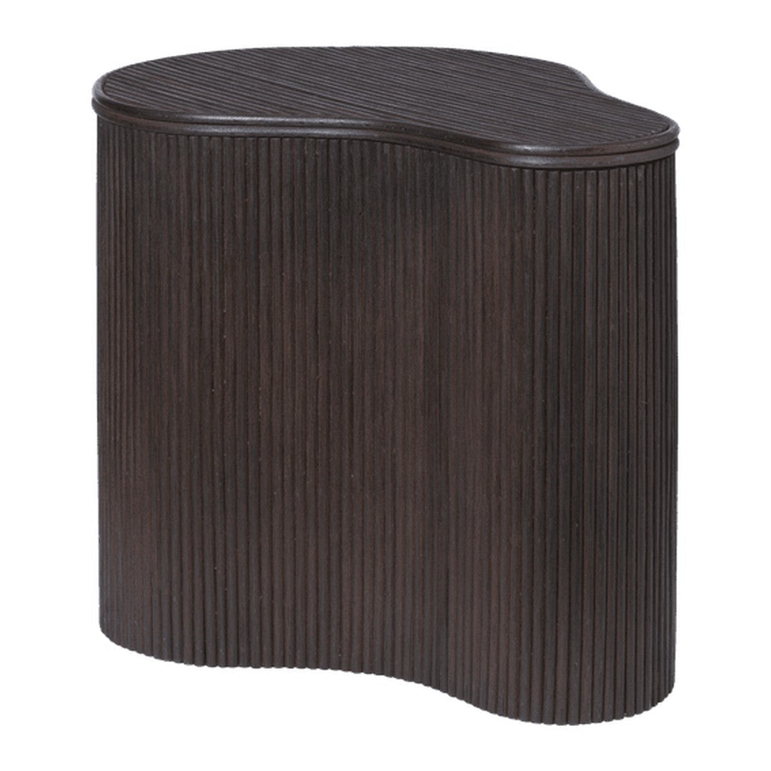 Dark brown, ribbed patterned side table with a unique curved silhouette. Perfect for modern decor.