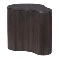 Dark brown, ribbed patterned side table with a unique curved silhouette. Perfect for modern decor.