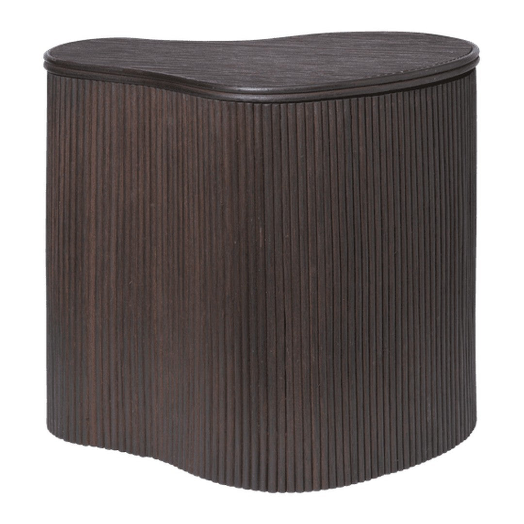 Dark brown heart-shaped side table featuring vertical ribbed texture for a modern touch. Ideal for stylish decor.