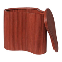 Brown ribbed storage container with a wavy design and matching lid. Perfect for stylish organization.