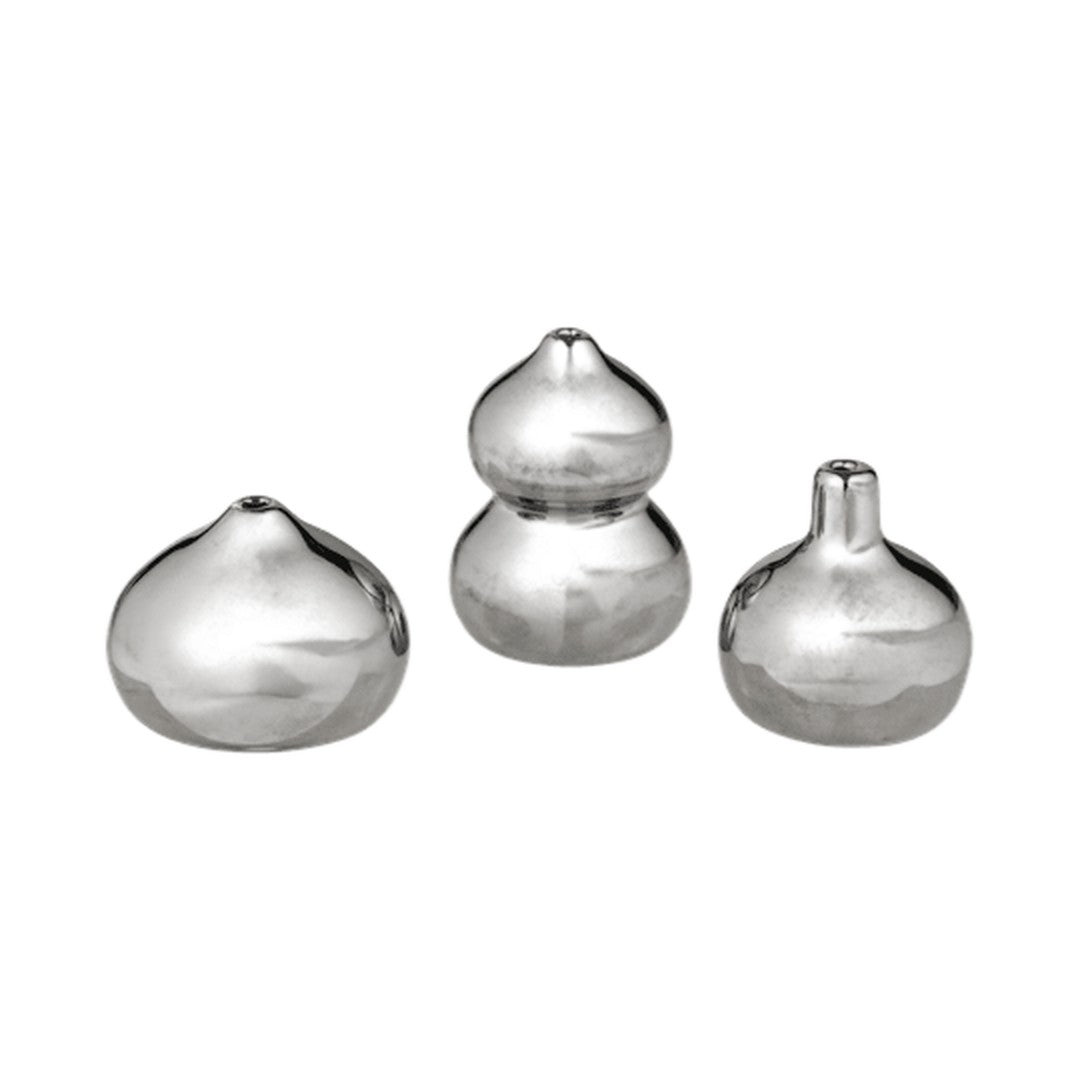 Set of three silver decorative vases with smooth, glossy finishes and unique, organic shapes.