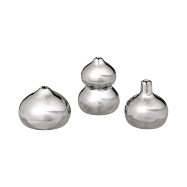 Set of three silver decorative vases with smooth, glossy finishes and unique, organic shapes.