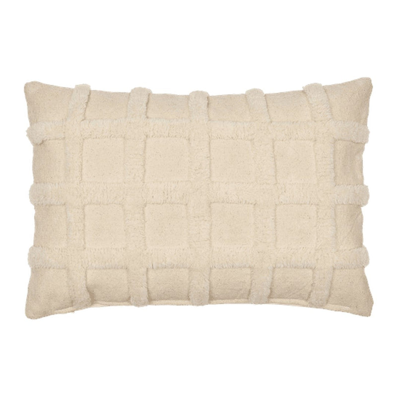 Cream-colored decorative pillow with plush textured grid pattern and raised square accents. Perfect for cozy interiors.