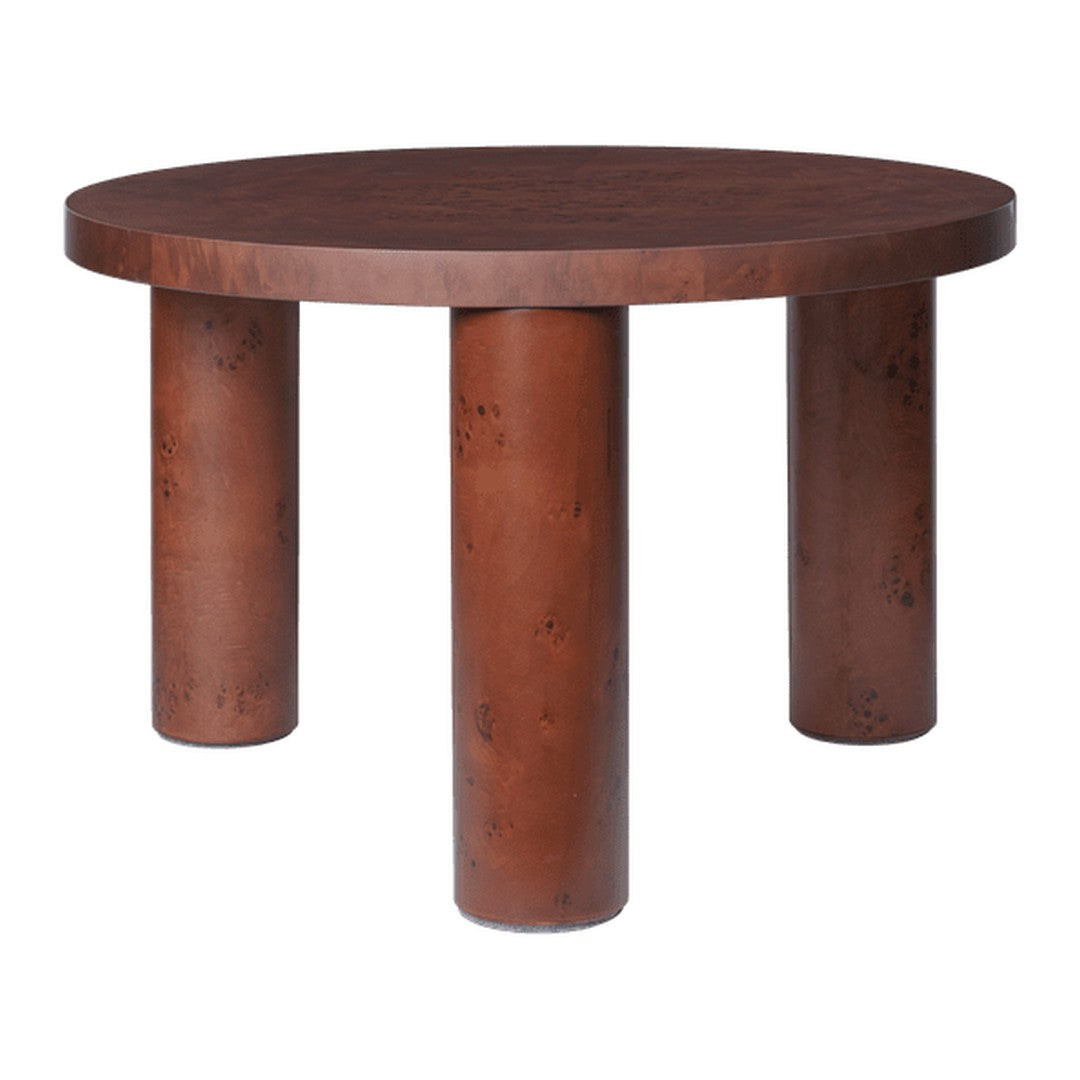 Round table with a rich brown wood finish and cylindrical legs, showcasing a smooth, modern design.