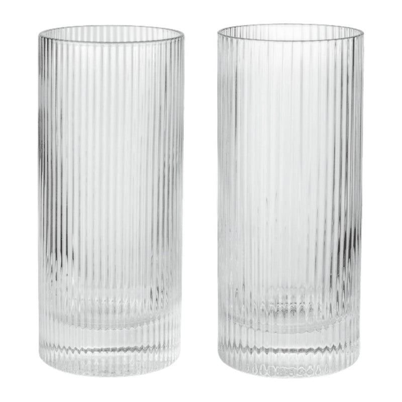 Clear glass tumblers with elegant vertical ribbed texture, perfect for modern table settings.