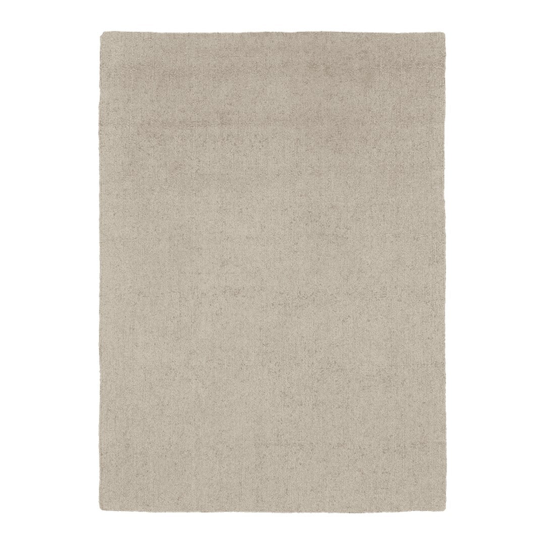 Beige area rug with a soft, textured surface and minimalist design. Perfect for neutral decor enhancement.