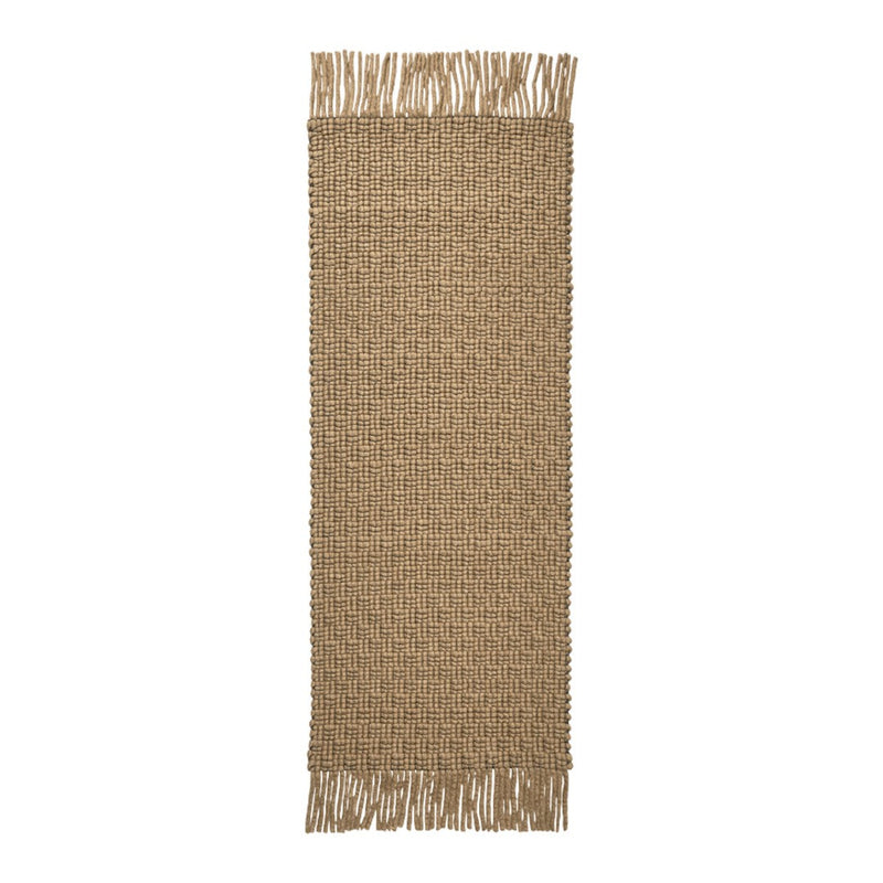 Natural woven beige runner rug with fringed edges, showcasing a textured pattern for a cozy touch.