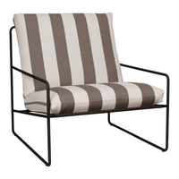 Brown and cream striped chair with a sleek black metal frame, perfect for modern outdoor or indoor decor.