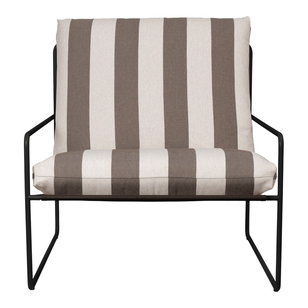 Brown and cream striped chair with a modern black metal frame. Ideal for contemporary indoor or outdoor settings.