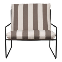 Brown and cream striped chair with a modern black metal frame. Ideal for contemporary indoor or outdoor settings.
