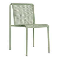 Light green metal chair with a perforated design, ideal for outdoor or indoor use. Clean and modern aesthetic.