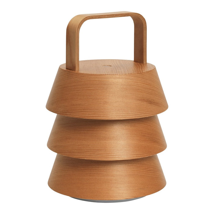 Three-tiered wooden lamp in a warm honey tone with a smooth, contemporary design and handle.