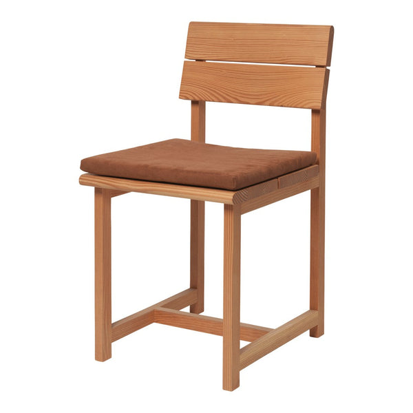 Wooden chair with a natural finish and a brown cushioned seat, featuring a simple, modern design.