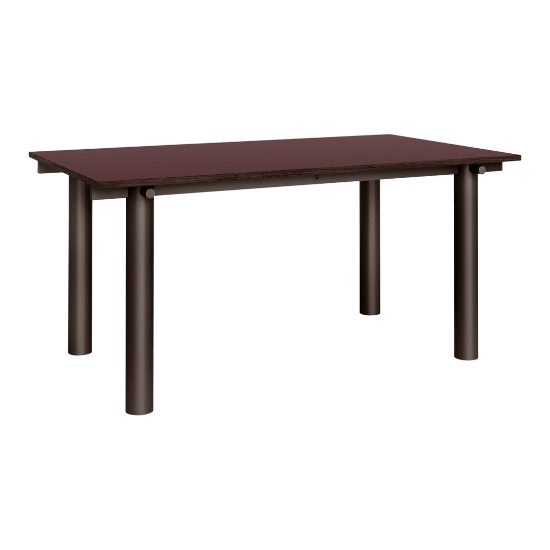 Brown rectangular table with a smooth top and sturdy, cylindrical legs. Modern design with a minimalist aesthetic.