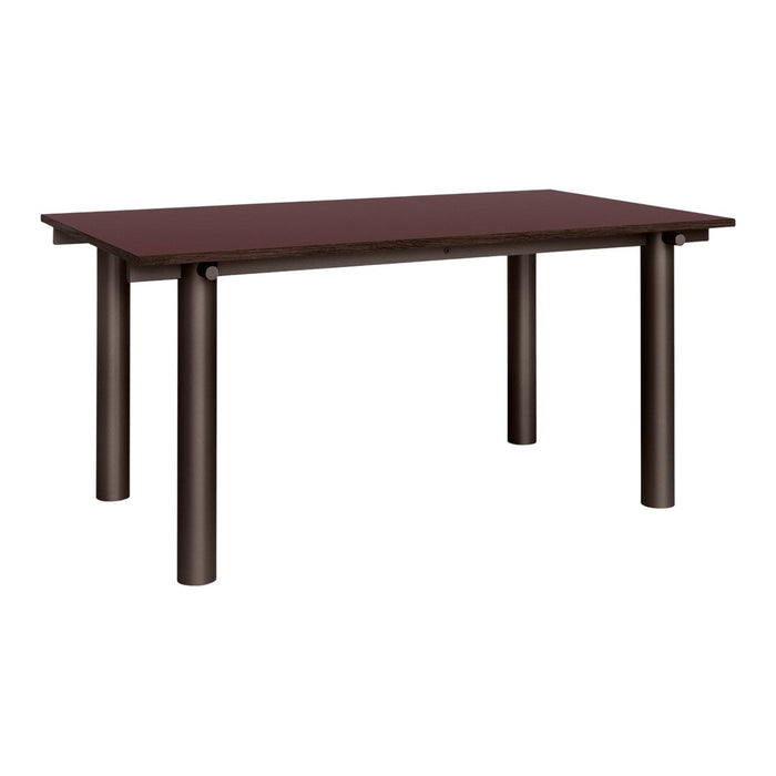 Brown rectangular table with a smooth top and sturdy, cylindrical legs. Modern design with a minimalist aesthetic.