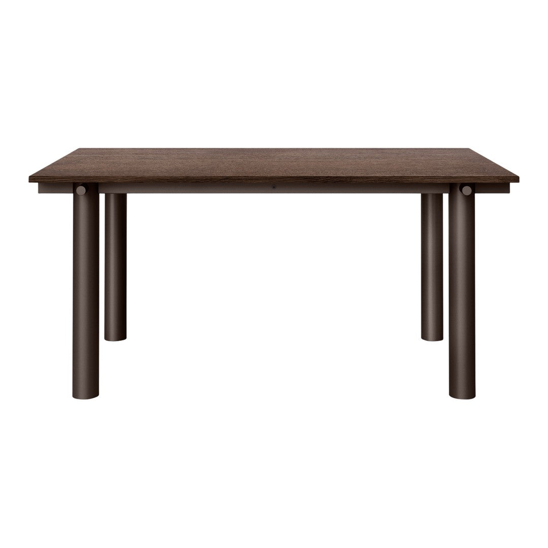 Brown rectangular table with a smooth surface and sturdy cylindrical legs, featuring a minimalist design.