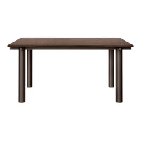 Brown rectangular table with a smooth surface and sturdy cylindrical legs, featuring a minimalist design.