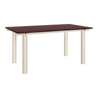 Brown rectangular table with a smooth surface and cream-colored legs, offering a modern, minimalist design.
