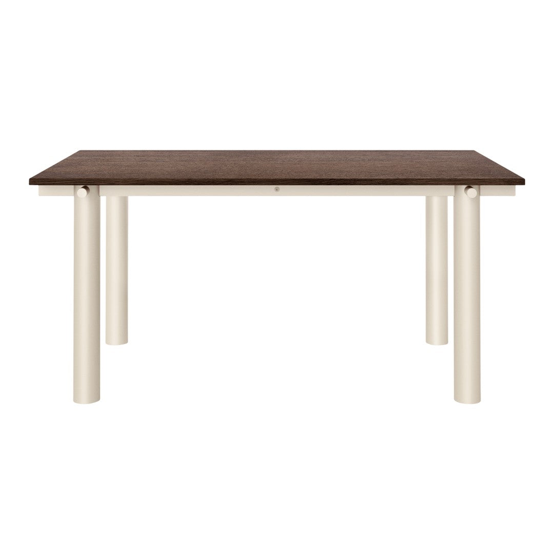 Brown wooden tabletop with smooth finish, complementing cream-colored cylindrical legs. Modern and minimalist design.