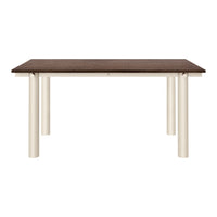 Brown wooden tabletop with smooth finish, complementing cream-colored cylindrical legs. Modern and minimalist design.