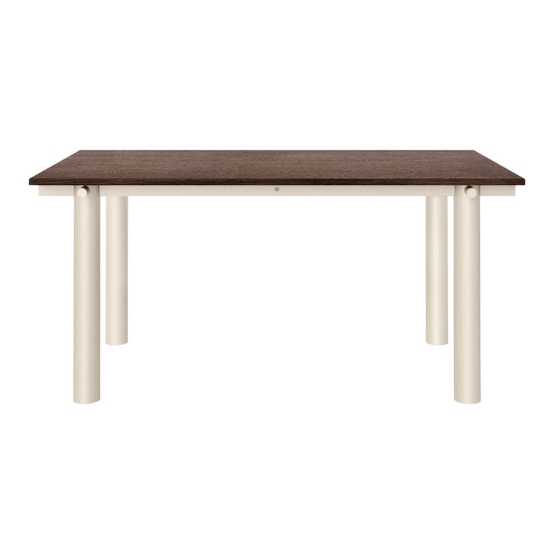 Brown wooden tabletop with smooth finish, complementing cream-colored cylindrical legs. Modern and minimalist design.