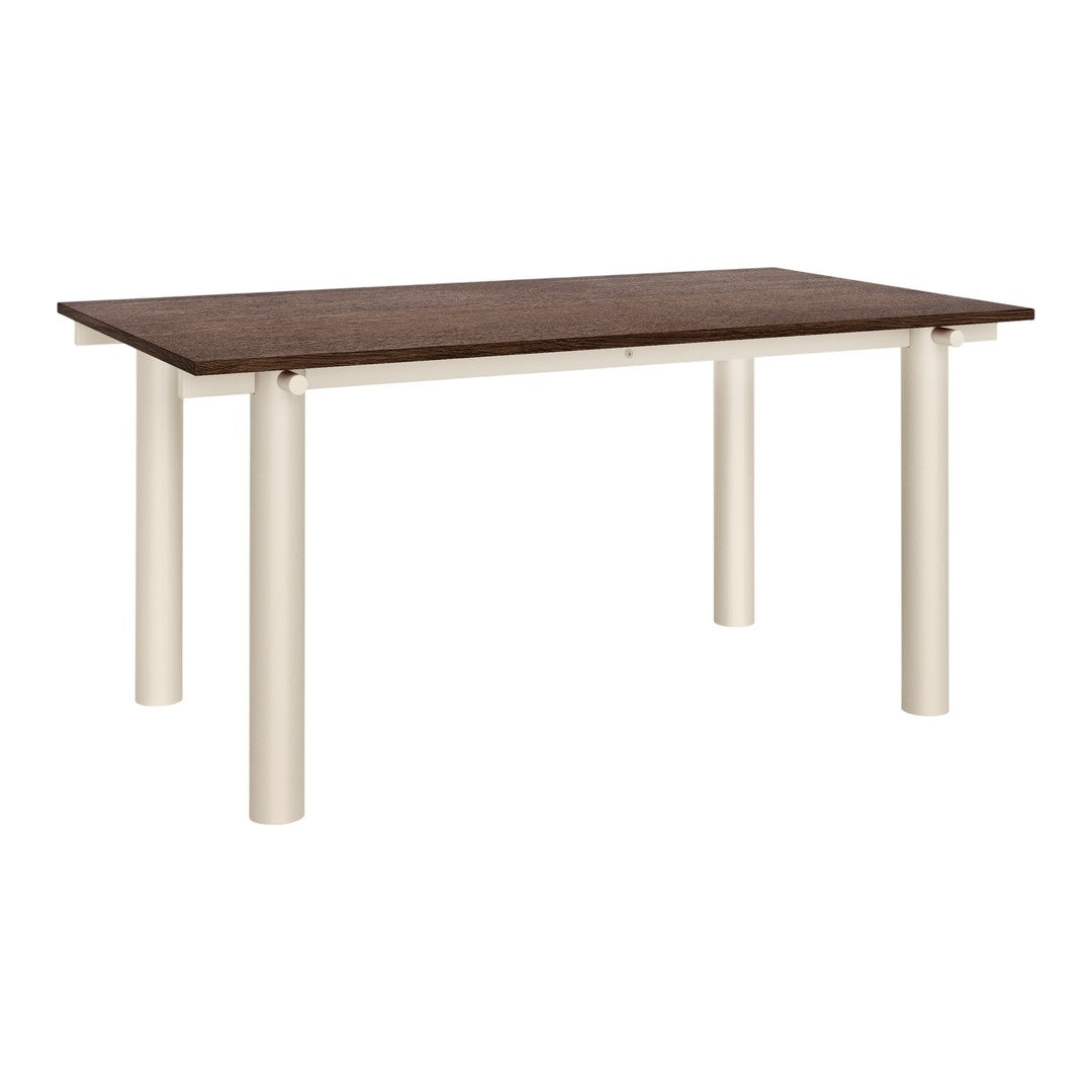 Brown wooden tabletop with cream-colored legs, featuring a sleek, modern design and smooth finish.