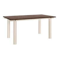 Brown wooden tabletop with cream-colored legs, featuring a sleek, modern design and smooth finish.