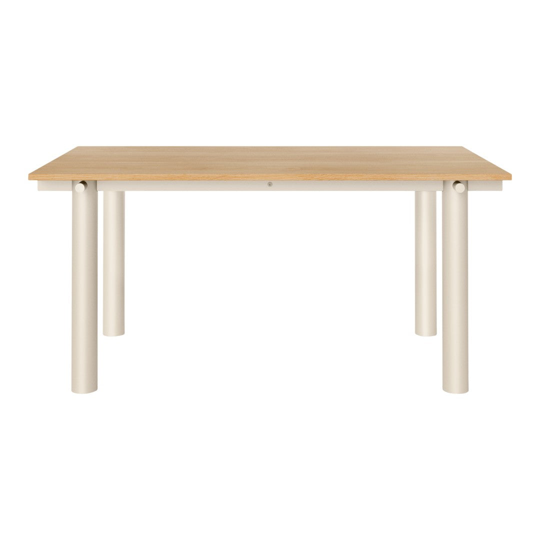 Light wood tabletop with smooth finish, complemented by sleek white cylindrical legs. Modern and minimalistic design.