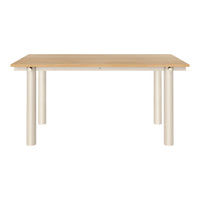 Light wood tabletop with smooth finish, complemented by sleek white cylindrical legs. Modern and minimalistic design.