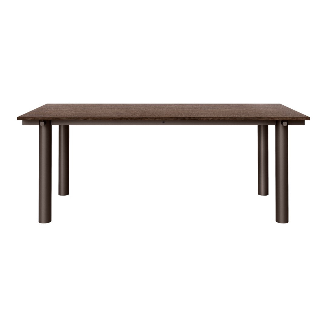Brown rectangular table with a smooth finish and minimalist design, featuring sturdy cylindrical legs.