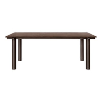 Brown rectangular table with a smooth finish and minimalist design, featuring sturdy cylindrical legs.