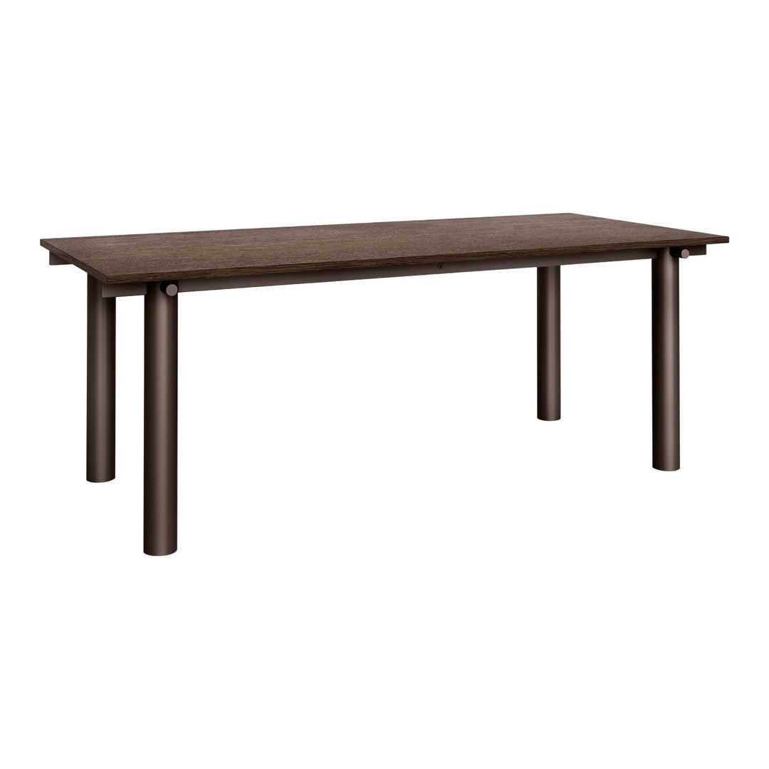 Brown rectangular table with a smooth surface and sleek, cylindrical legs, ideal for modern dining spaces.