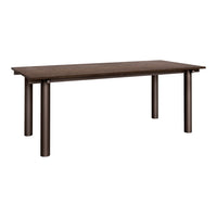 Brown rectangular table with a smooth surface and sleek, cylindrical legs, ideal for modern dining spaces.