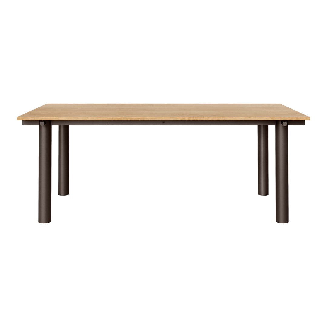 Light wood tabletop with a smooth finish and dark brown metal legs, showcasing a minimalist style.