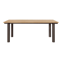 Light wood tabletop with a smooth finish and dark brown metal legs, showcasing a minimalist style.