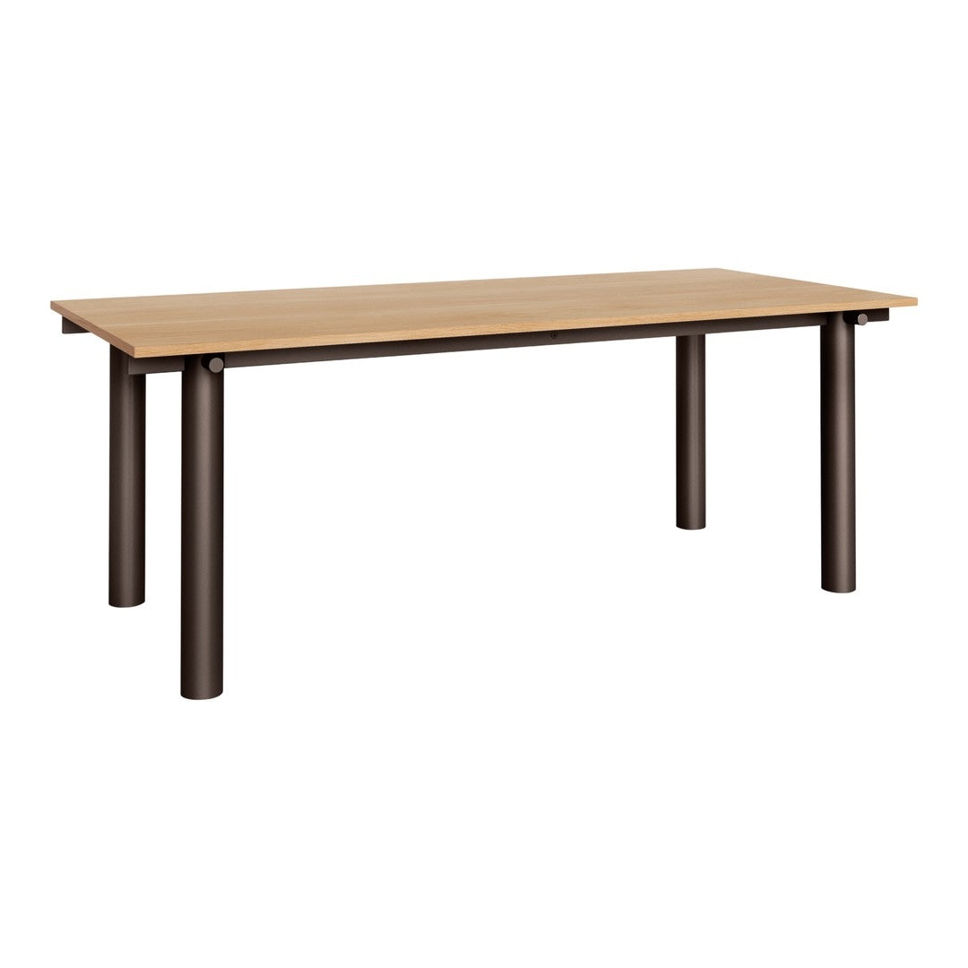 Light oak tabletop with dark brown metal legs, featuring a sleek and modern design. Ideal for contemporary spaces.
