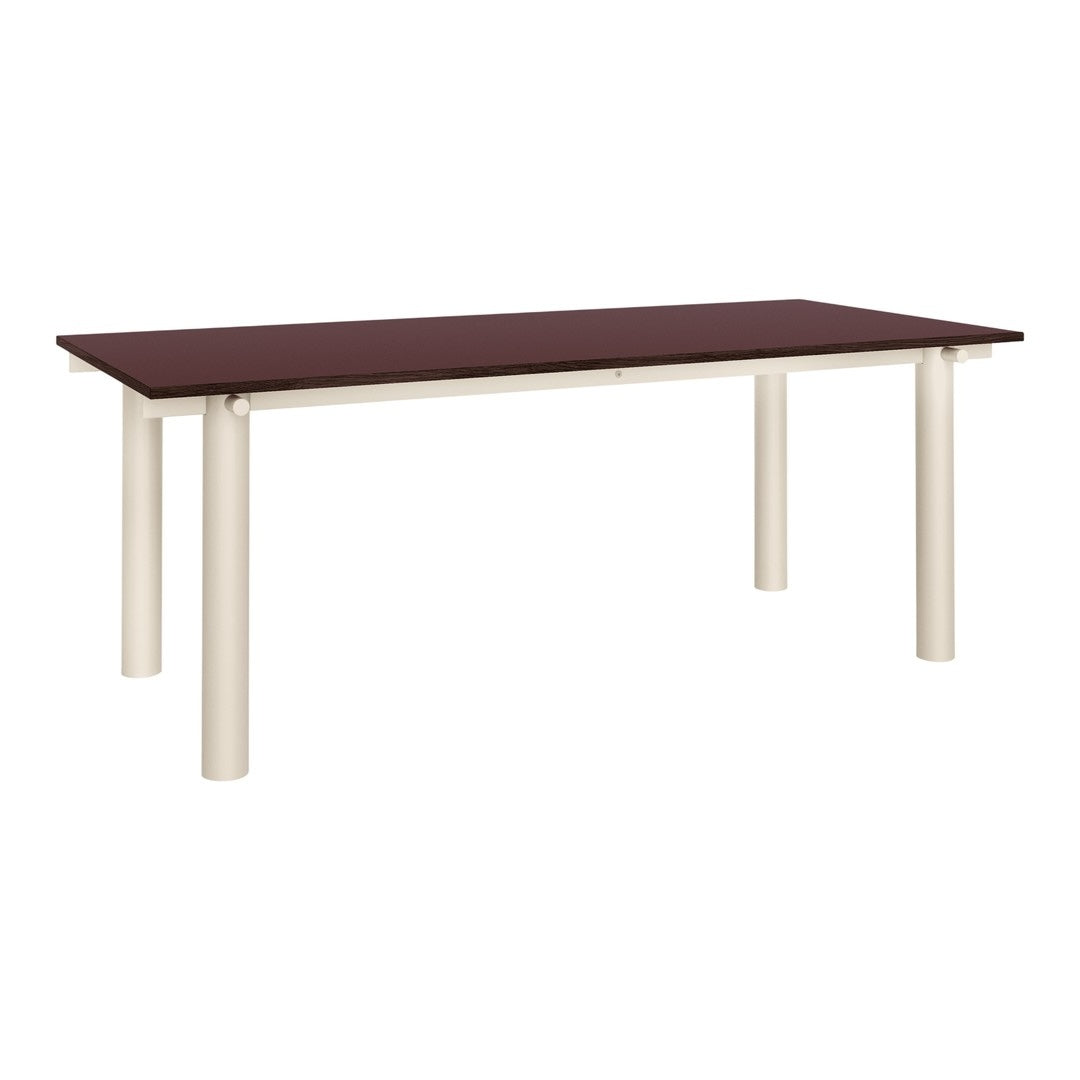 Rectangular table with a rich brown top and sleek cream-colored legs, featuring a smooth, minimalist design.
