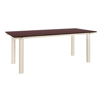 Rectangular table with a rich brown top and sleek cream-colored legs, featuring a smooth, minimalist design.