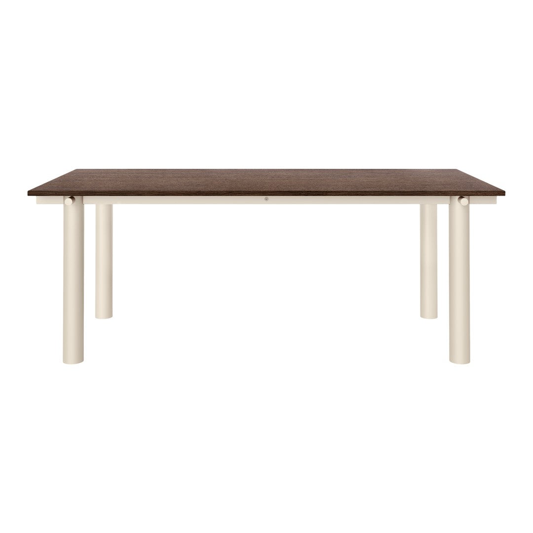 Brown wooden tabletop with cream-colored legs, simple and elegant design perfect for modern spaces.