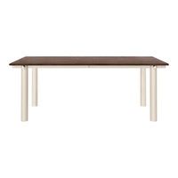 Brown wooden tabletop with cream-colored legs, simple and elegant design perfect for modern spaces.