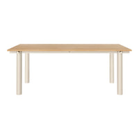 Modern rectangular dining table with a light wood finish and sleek white legs, showcasing a minimalist design.